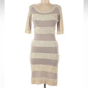 French Connection Tan & Cream Tiered Sequin Wool Blend Midi Dress Size 6 Small S